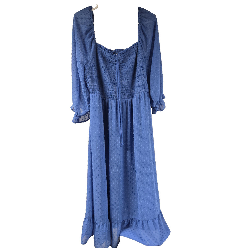 AUW Womens Dress Blue Swiss Dot Smocked A Line Ruffle Trim Square Neck Size 2X